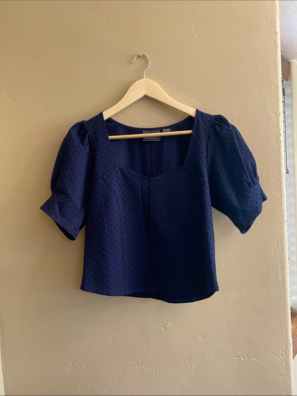 Anthropologie Navy Puff-Sleeve Square-Neck Blouse